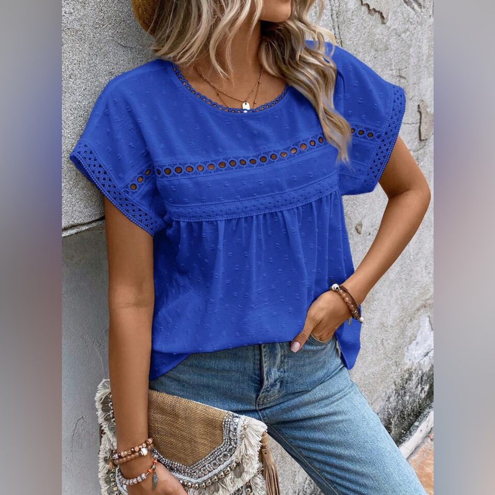 SHEIN EMERY ROSE Swiss Dot Contrast Lace Batwing Sleeve Blouse